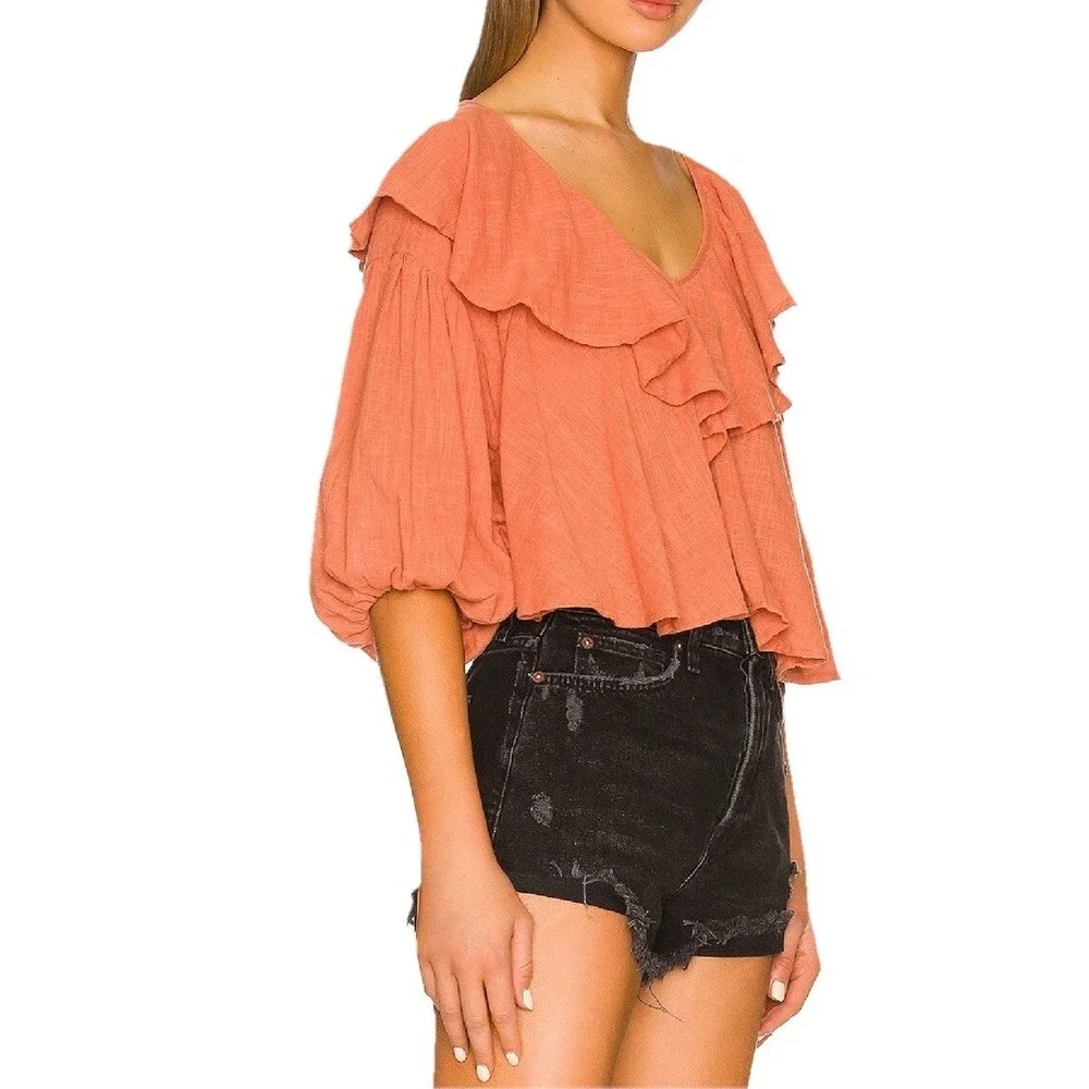Free People Zuri Ruffle Cropped Backless Blouse Ginger Spice Womens S Boho‎ Top